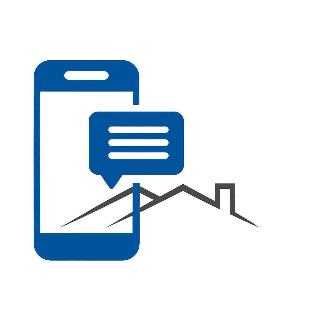 A blue smartphone icon with a chat bubble overlaps a simple outline of a house roof, symbolizing mobile communication or messaging related to NY real estate, home construction, or homes in Suffolk County.