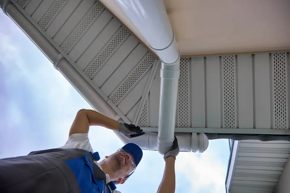 A worker in gloves, a blue cap, and overalls installs a white rain gutter on a building’s roof—captured from below against a partly cloudy sky. Home construction Suffolk County projects like this are common scenes in NY.