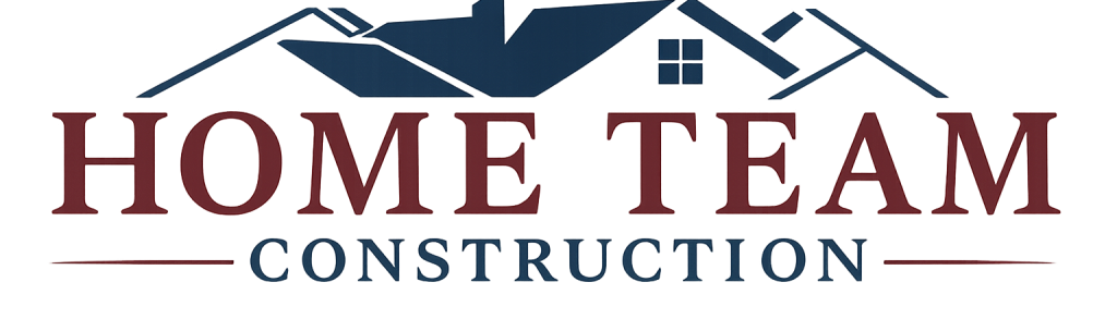 Logo for "Home Team Construction," ideal for home construction in Suffolk County, NY, features stylized rooftops above bold maroon "HOME TEAM" text and blue "CONSTRUCTION" beneath, separated by horizontal lines.