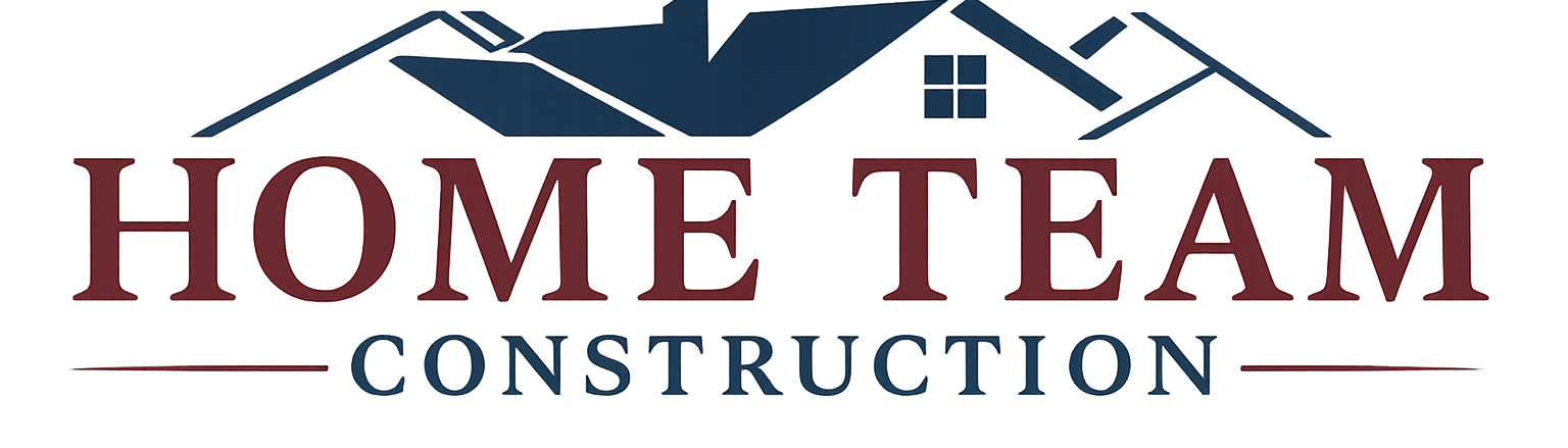 Logo for "Home Team Construction," ideal for home construction in Suffolk County, NY, features stylized rooftops above bold maroon "HOME TEAM" text and blue "CONSTRUCTION" beneath, separated by horizontal lines.