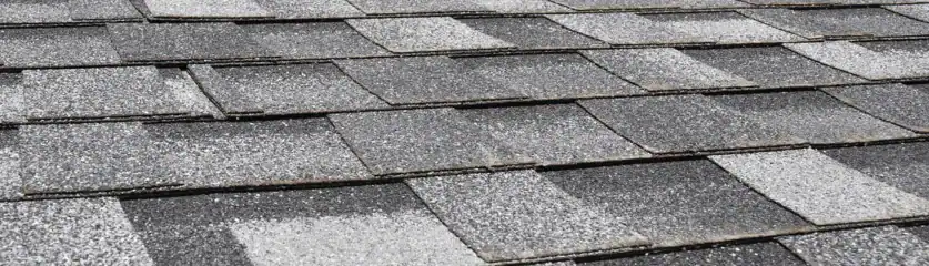 Close-up of asphalt shingles during roof inspection for damage and wear.