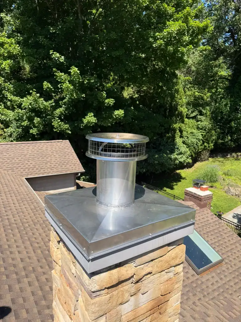 Chimney with metal cap on a residential roof with trees in background.